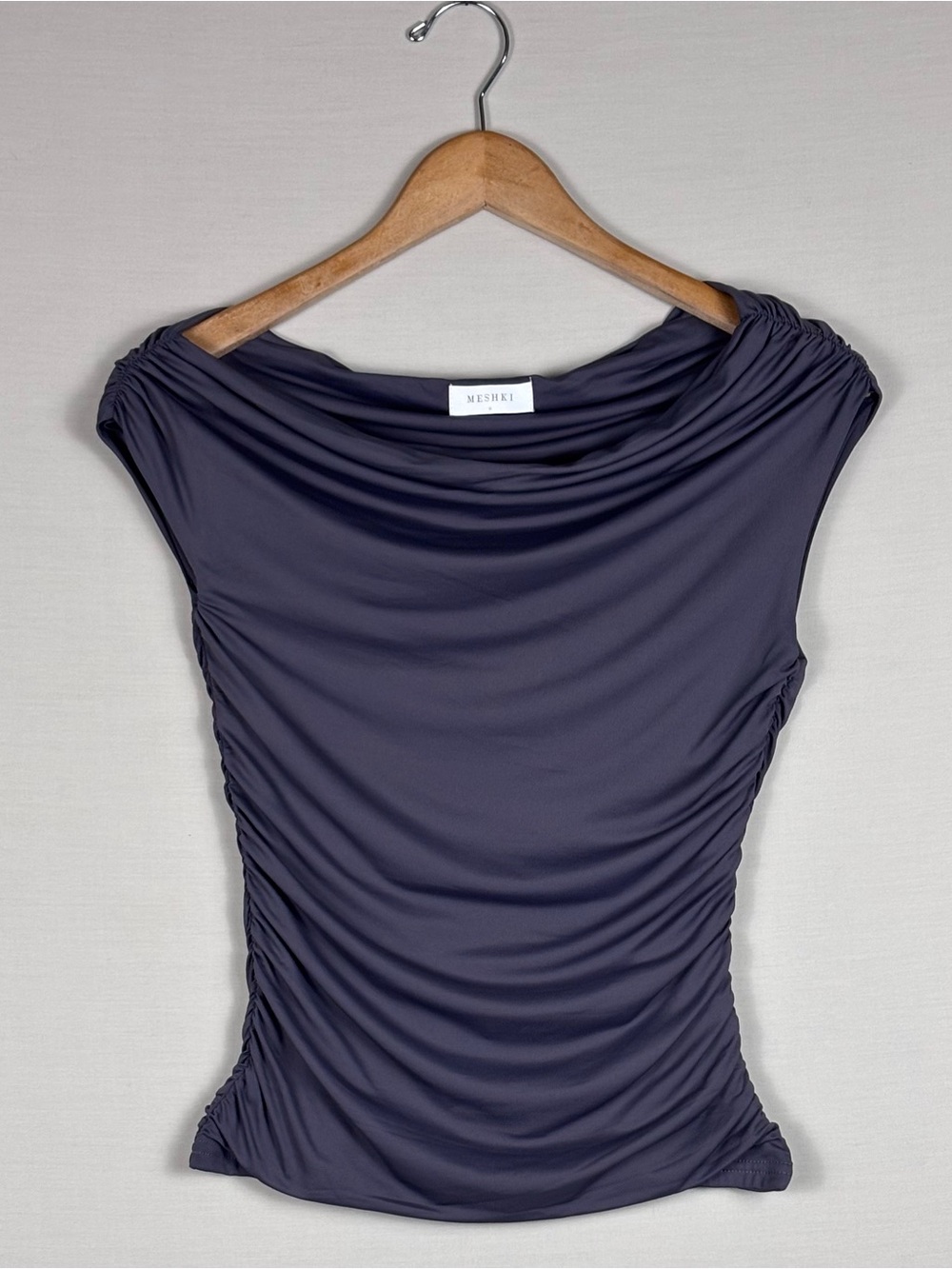 MESHKI Ruched Off Shoulder Drape Top Gray Purple Stretch Blouse Medium
